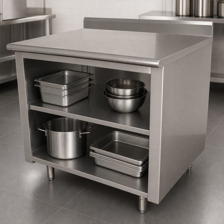 Product image #4 for Advance Tabco 48-Inch x 30-Inch 304 Stainless Steel Work Table with Open Front Cabinet Base and 5-Inch Backsplash