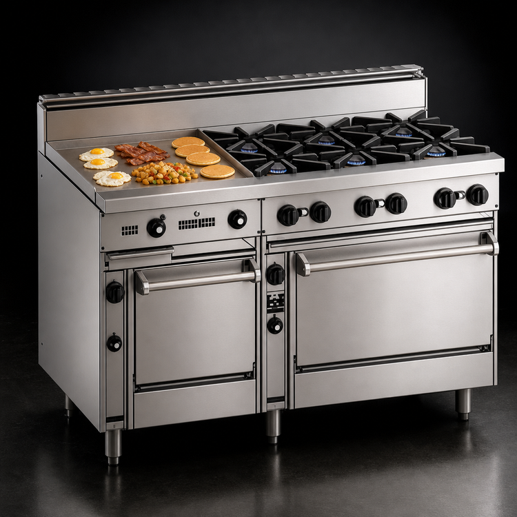 Product image #4 for Bistro 60-Inch Gas Restaurant Range with 4 Open Burners, 36-Inch Griddle, 24-Inch Space-Saver Oven and 36-Inch Oven