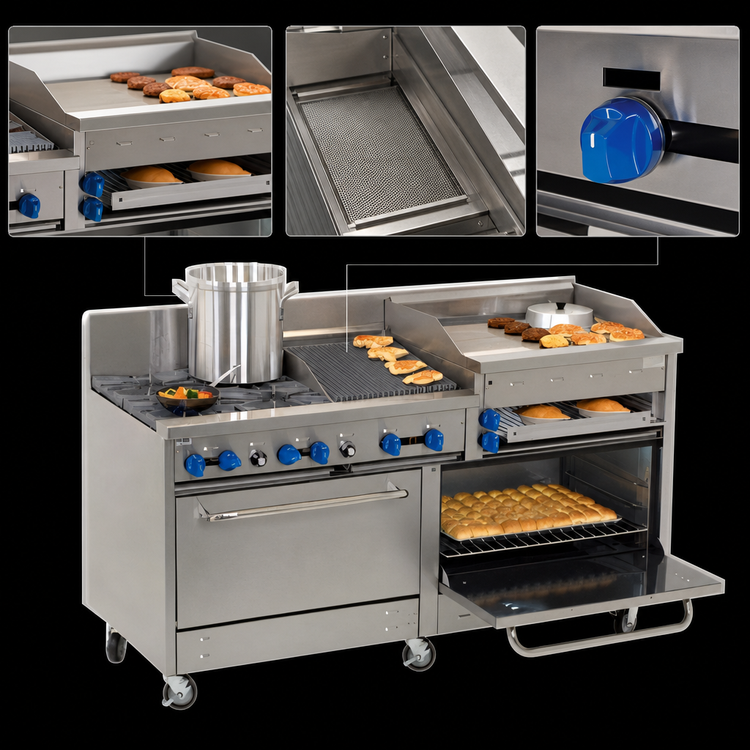 Product image #4 for Comstock-Castle 72-Inch Commercial Gas Range with 4 Open Burners, 24-Inch Griddle, 24-Inch Char-Broiler, and 2 Ovens
