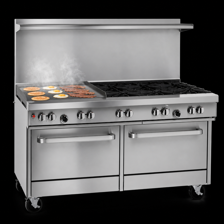 Product image #4 for Ultimate 60-Inch Gas Restaurant Range with 3 Star/Sauté Burners, 2 Pyromax Burners, 24-Inch Griddle, and 2 Cabinets