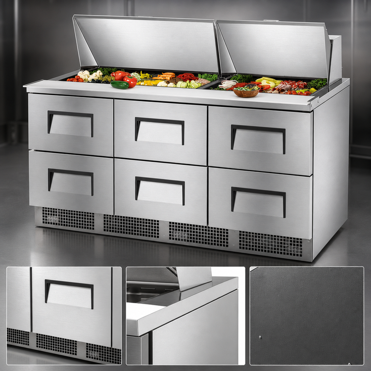Product image #4 for True 72-Inch Three-Section Drawered Sandwich/Salad Prep Table with 30-Pan Top and 6 Drawers