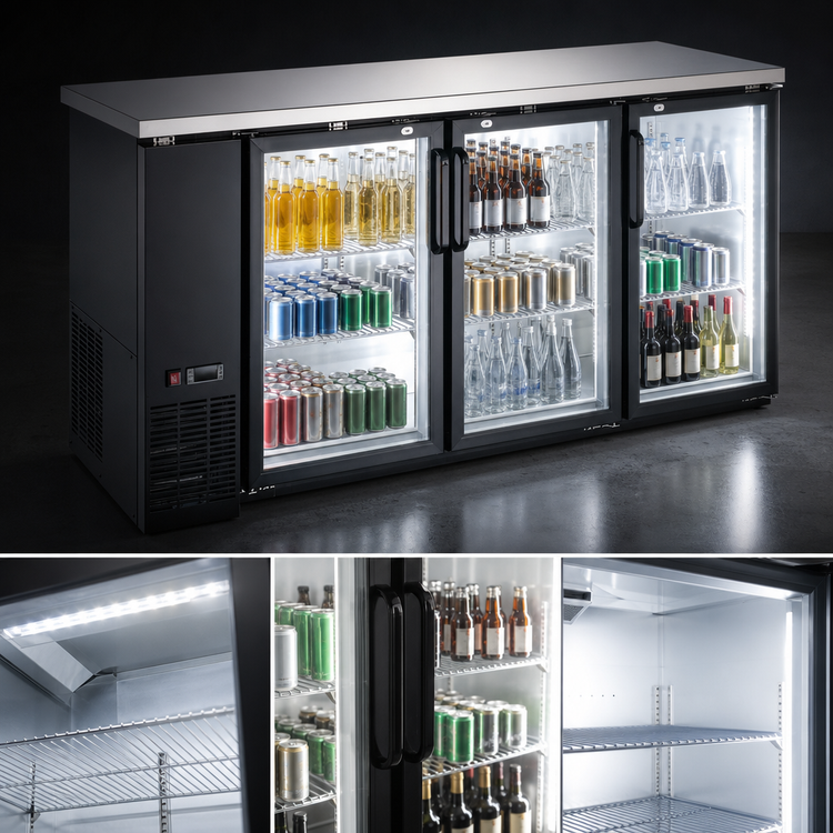 Product image #4 for Hurakan by Equip.me 72-Inch Narrow Counter-Height 3-Glass-Door Back Bar Refrigerator