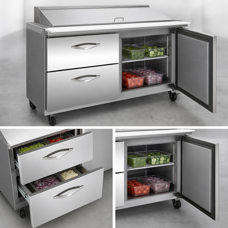 Product image #4 for IKON Refrigeration Mega Top Two-Section Sandwich / Salad Prep Table with 15-Pan Opening, 2 Drawers, and 1 Door, 36-Inch Wide