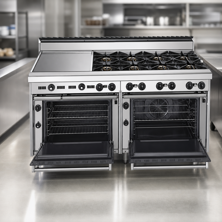 Product image #4 for Bistro 72-Inch Shallow-Depth Heavy-Duty Gas Restaurant Range with 12 Open Burners, Standard Oven, and Convection Oven
