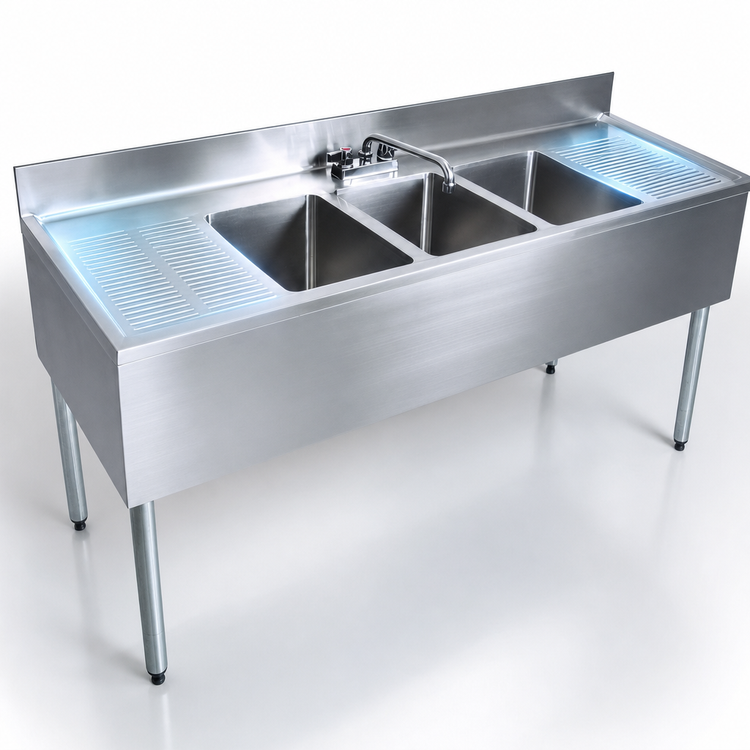 Product image #4 for BK Resources 84-Inch Three-Compartment Underbar Sink with Left and Right Drainboards and Faucet