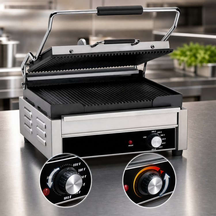 Product image #4 for Serv-Ware Single Countertop Electric Panini Press with Grooved Cast Iron Top and Bottom Plates