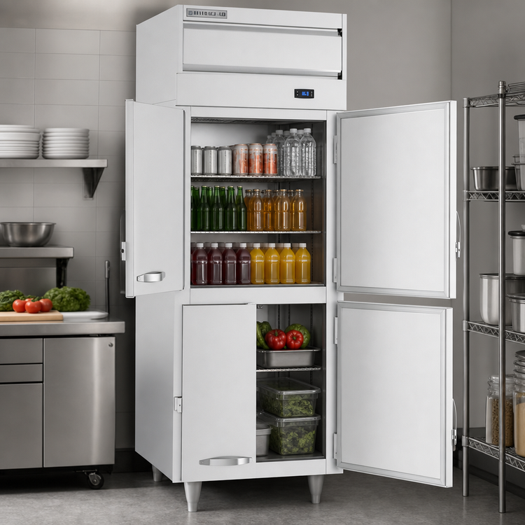 Product image #4 for Beverage-Air P-Series Standard-Depth One-Section Pass-Thru Reach-In Refrigerator, Top-Mount Self-Contained, Half Solid Doors, 22.9 Cu. Ft.