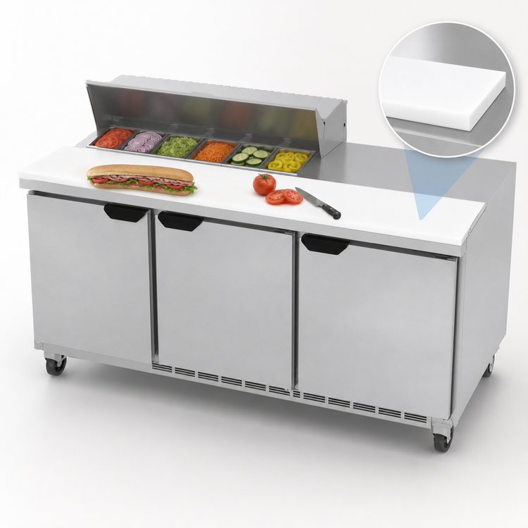 Product image #5 for Beverage-Air 72-Inch Three-Section Sandwich Prep Table Refrigerator with 10 1/6-Size Pan Top