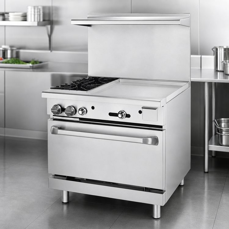 Product image #4 for Heavy Duty 36-Inch Natural Gas Restaurant Range with 2 Open Burners, 24-Inch Right-Side Griddle, and Standard Oven
