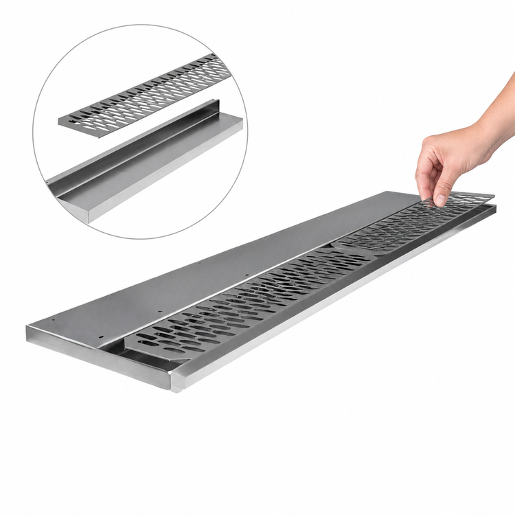 Product image #4 for Glastender 42-Inch Left-Drain Stainless Steel Underbar Drink Rail with Removable Perforated Insert