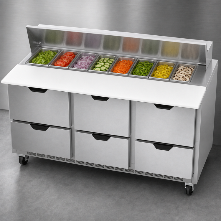 Product image #5 for Beverage-Air 72-Inch Three-Section Sandwich Prep Table Refrigerated Counter with 6 Drawers, 8-Pan Cut Top, and 17-Inch Cutting Board