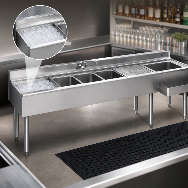 Product image #4 for Eagle Group 2200 Series 84-Inch Underbar Combination Unit with 3 Sink Bowls, Left Ice Bin and Speed Rail