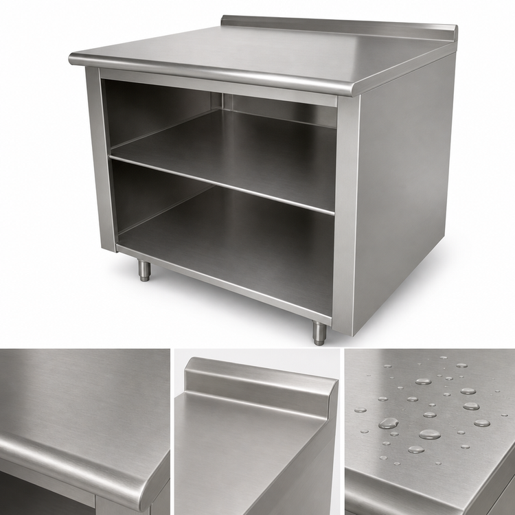 Product image #4 for Advance Tabco 96 Inch x 24 Inch Open Front Cabinet Base Work Table with Mid-Shelf, 14 Gauge 304 Stainless Steel Top and 1-1/2 Inch Rear Up-Turn