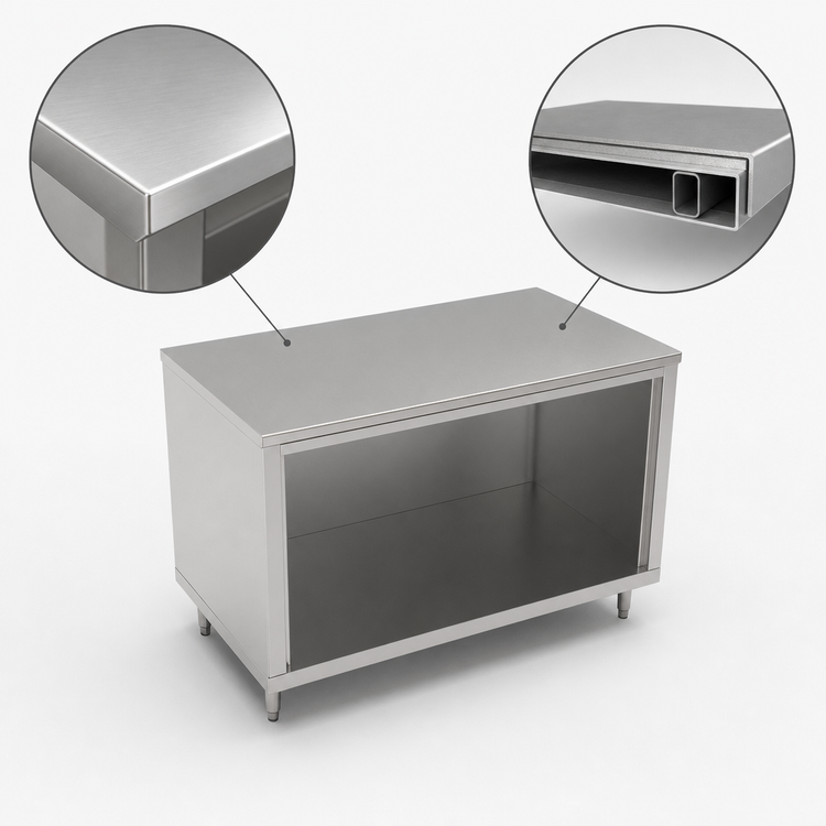 Product image #4 for John Boos 84 Inch x 30 Inch Open Front Cabinet Base Work Table with 16-Gauge Stainless Steel Top and Stallion Safety Edge