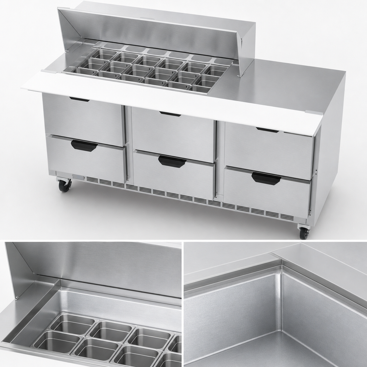 Product image #5 for Beverage-Air 72-Inch Three-Section Mega Top Refrigerated Prep Table with 6 Drawers and 18 1/6-Pan Top