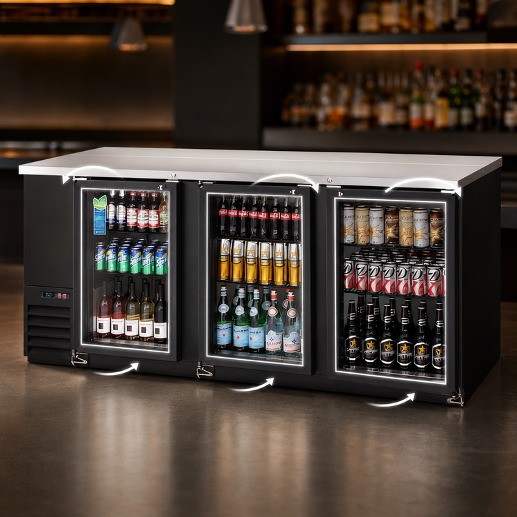 Product image #4 for Everest Refrigeration Three-Section Back Bar Refrigerator with Glass Hinged Doors, 28 Cu. Ft., 89-1/4 Inch Wide