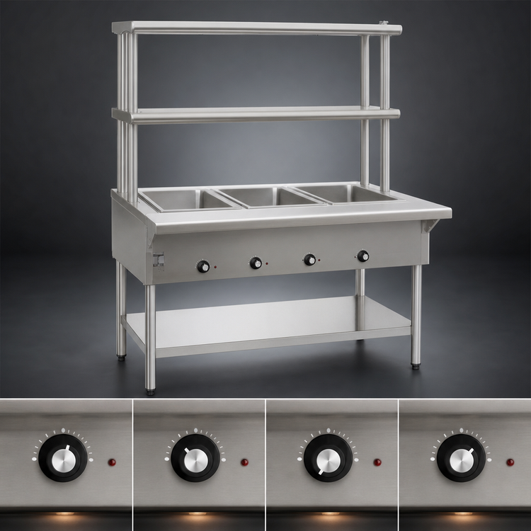 Product image #4 for Eagle Group 63-1/2 Inch Stationary Electric Open-Base Hot Food Table with 4 Dry Wells and Double-Tier Flex-Master Overshelves