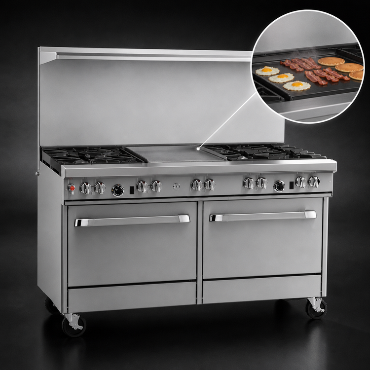 Product image #4 for Southbend Ultimate 60-Inch Gas Restaurant Range with 4 Pyromax Burners, 24-Inch Griddle, Convection Oven, and Cabinet Base