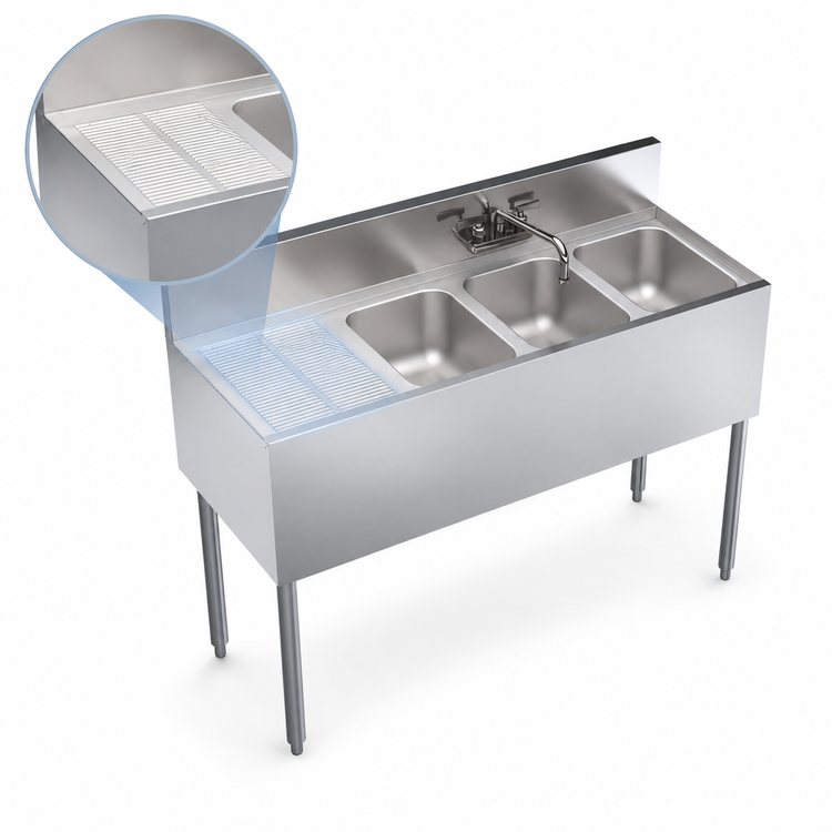 Product image #4 for Krowne Royal Series Three-Compartment Underbar Sink Unit with Left Drainboard, 48 x 19 Inches