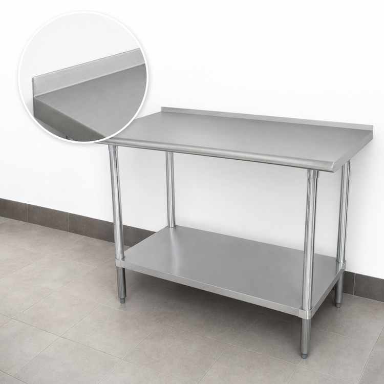 Product image #4 for Advance Tabco 108-Inch x 36-Inch 16-Gauge 430 Stainless Steel Work Table with 1-1/2-Inch Rear Up-Turn and Adjustable Undershelf