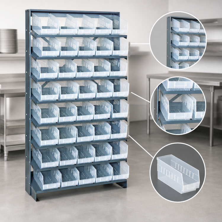 Product image #4 for Quantum Sloped Single-Sided Steel Pick Rack with 8 Shelves and 40 Clear Bins