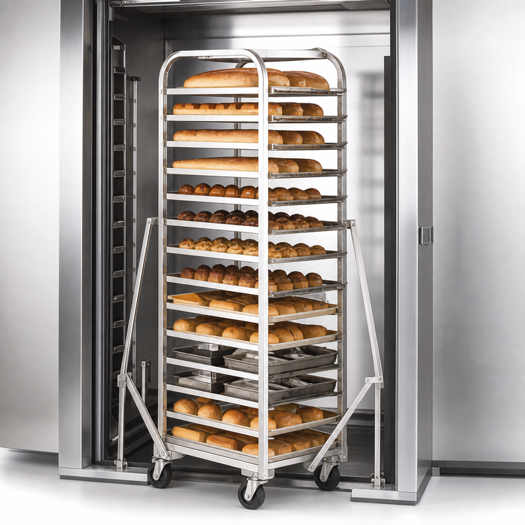 Product image #4 for Adamatic/Revent A-Style Roll-In Oven Rack with Stainless Steel Lift Bracket, 10-Pan Capacity