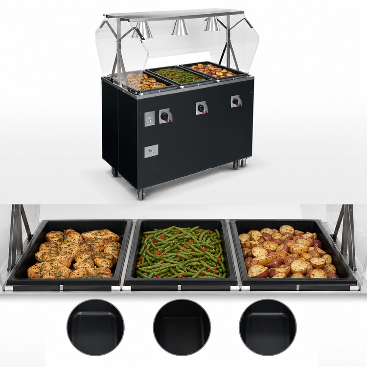 Product image #4 for Vollrath 2-Series Affordable Portable Deluxe 3-Well Mobile Hot Food Station with Buffet-Style Breath Guard