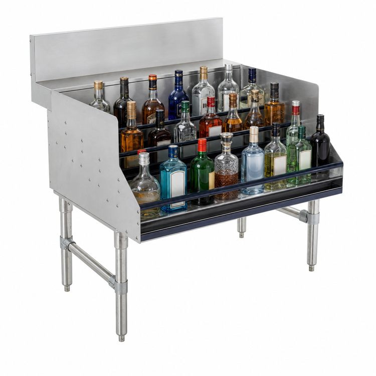 Product image #4 for Prestige 5-Step Freestanding Stainless Steel Liquor Bottle Display Unit with Rear Storage Deck
