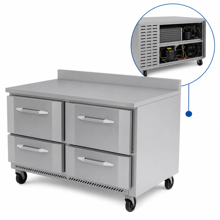 Product image #4 for Victory Refrigeration 48-Inch Two-Section 4-Drawer Worktop Freezer with Rear-Mounted Self-Contained Refrigeration
