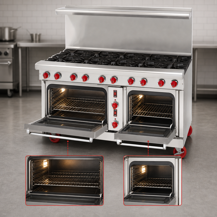 Product image #4 for American Range 60-Inch Green Flame Commercial Gas Range with 10 Open Burners, Standard Left Oven, Space Saver Right Oven, and Backriser Shelf