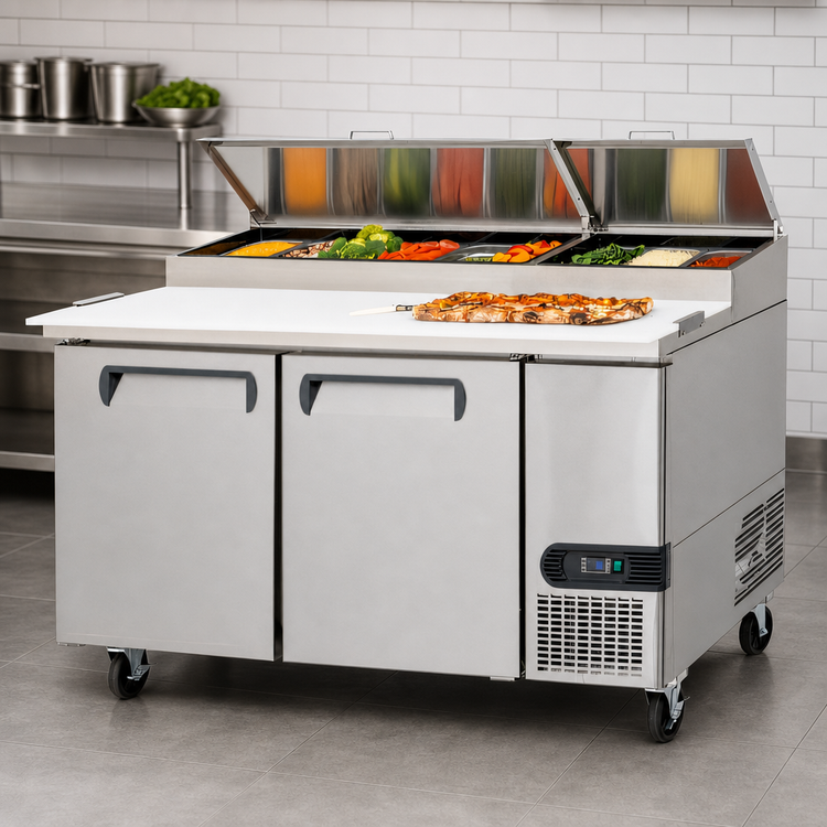 Product image #4 for Migali Competitor Series® 67-Inch Two-Section Refrigerated Pizza Prep Table, Side-Mount Self-Contained, 20.0 Cu. Ft.