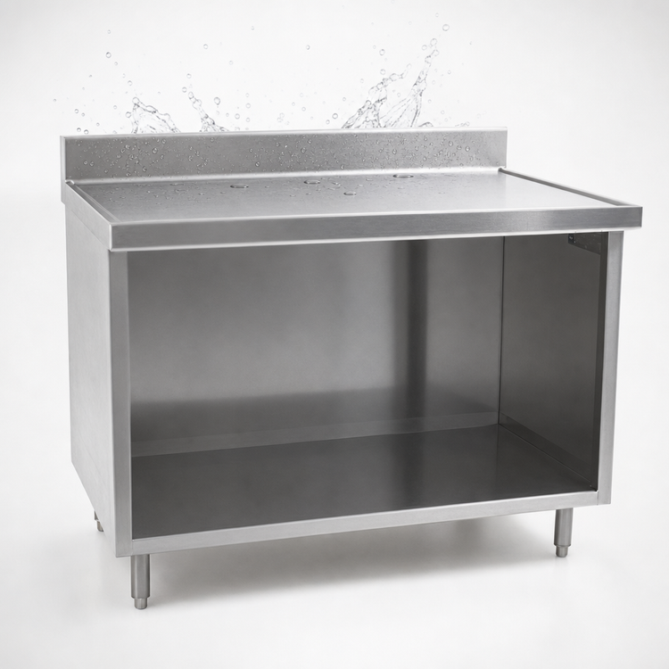 Product image #4 for Spec-Master Marine Series Underbar Stainless Steel Work Table with Cabinet Base, Open Front, and 4-1/2 Inch Backsplash, 36 x 24 Inches