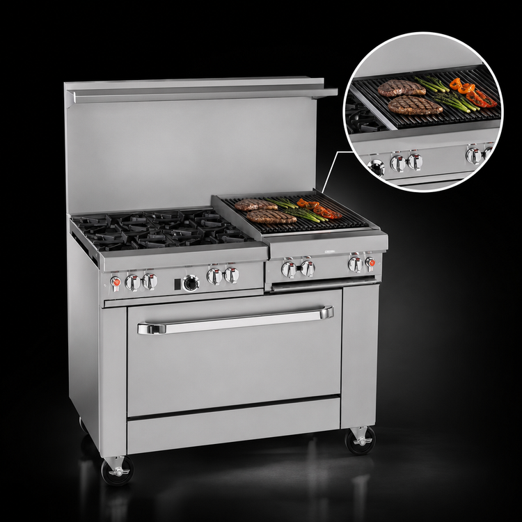 Product image #4 for Southbend Ultimate 36-Inch Gas Restaurant Range with 2 Open Burners, 24-Inch Charbroiler, Cabinet Base, and Hi Shelf