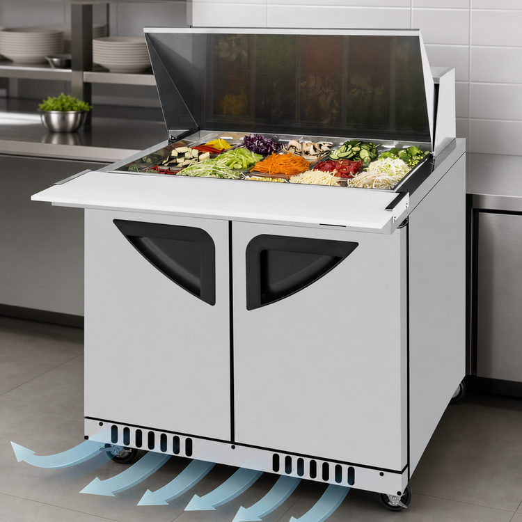 Product image #4 for Turbo Air Super Deluxe 36-1/4 Inch Two-Section Sandwich/Salad Mega Top Prep Table, 15-Pan, 8.8 Cu. Ft.