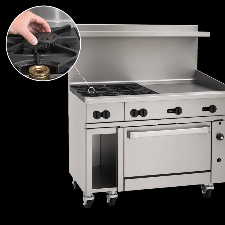 Product image #4 for Vulcan Endurance 48-Inch Commercial Gas Range with 4 Open Burners, 24-Inch Griddle, Convection Oven and Cabinet Base
