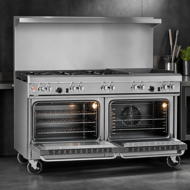 Product image #4 for 60-Inch Commercial Gas Restaurant Range with 5 Open Burners, 24-Inch Griddle, Standard Oven, and Convection Oven
