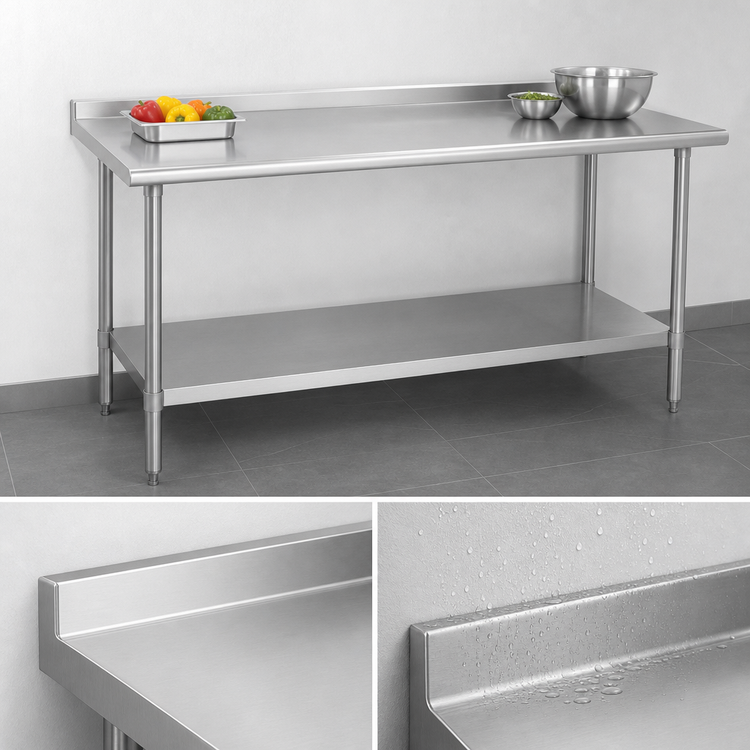Product image #4 for Duke 108-Inch x 30-Inch 16-Gauge Stainless Steel Work Table with 1-1/8-Inch Straight Riser and Stainless Undershelf