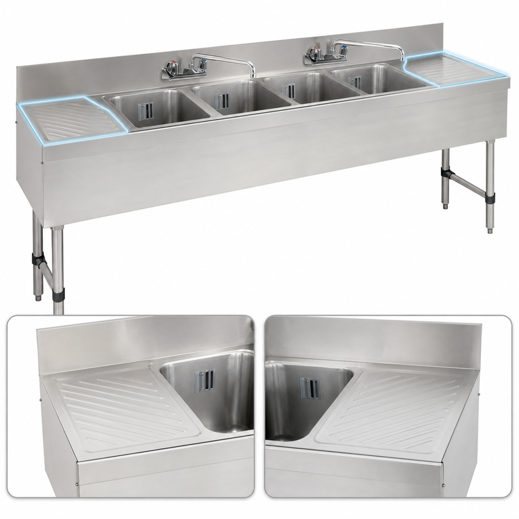 Product image #4 for Advance Tabco Special Value Series SLB-64C 72-Inch x 18-Inch 4-Compartment Stainless Steel Underbar Bar Sink with Dual Drainboards and Splash-Mount Faucets