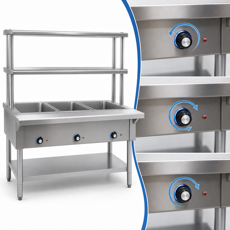 Product image #4 for Eagle Group DHT3-120-FM 48-Inch 120V Electric Open Base Hot Food Table with 3 Dry Wells and Double-Tier Flex-Master Overshelves