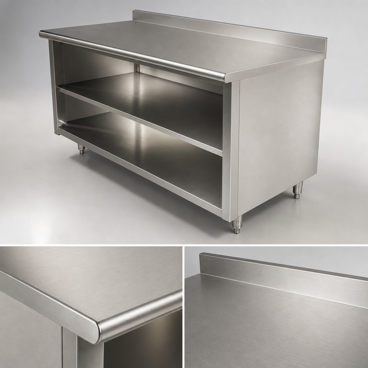 Product image #4 for Advance Tabco Special Value Economy Stainless Steel Open Front Cabinet Base Work Table with Mid-Shelf and 5-Inch Backsplash, 36 x 24 Inches
