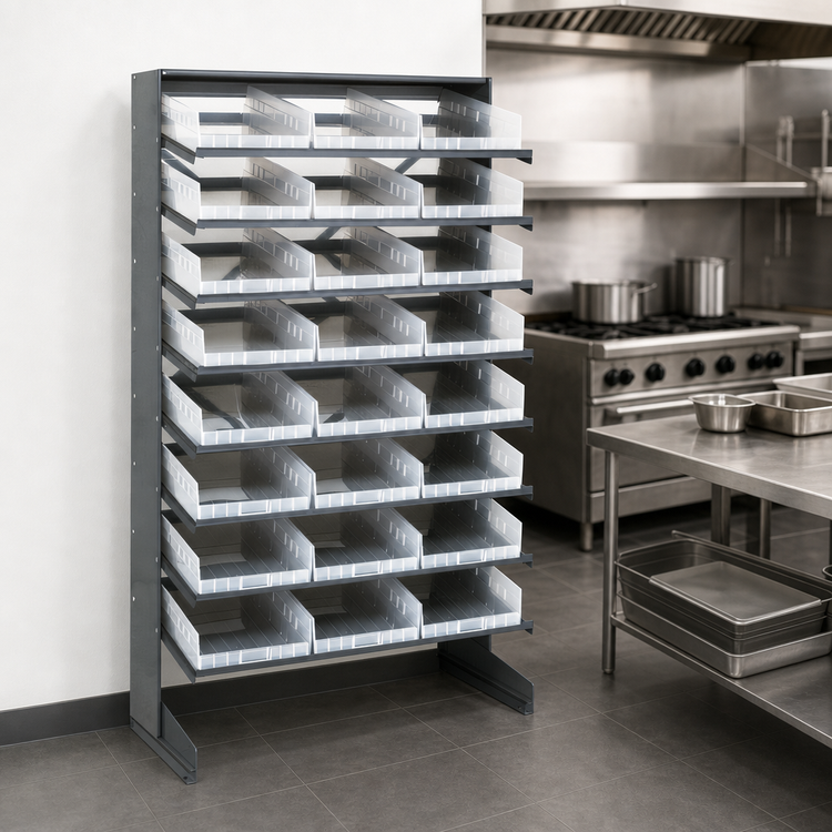 Product image #4 for Quantum Sloped Single-Sided Pick Rack with 8 Shelves and 24 Clear Bins