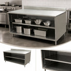 Thumbnail image #4 for BK Resources CSTR5-3672 72 x 36 Inch 14-Gauge 304 Stainless Steel Chef Table with Open Front Cabinet Base and 5-Inch Backsplash