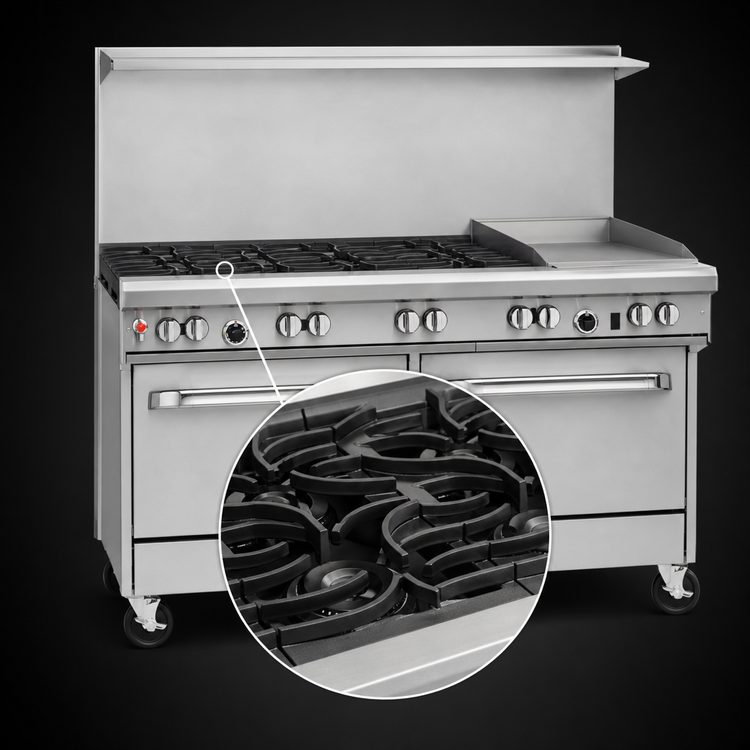 Product image #4 for Southbend Ultimate 60-Inch Commercial Gas Restaurant Range with 6 Open Burners, 24-Inch Thermostatic Griddle, Convection Oven, and Cabinet Base