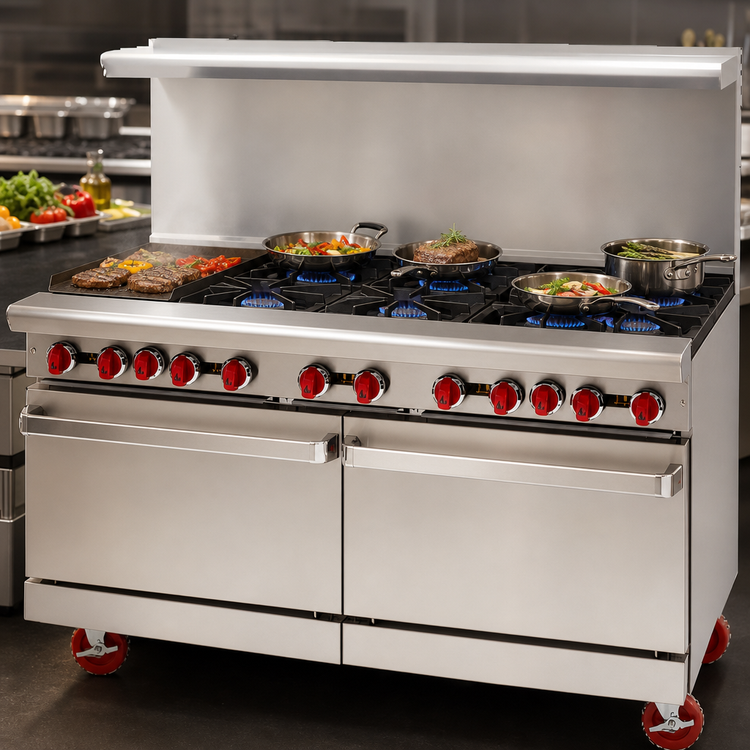 Product image #4 for American Range 60-Inch Gas Restaurant Range with 12-Inch Griddle, 8 Open Burners, Convection Oven and Storage Base