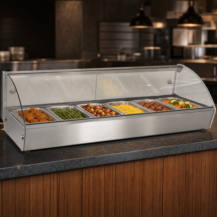 Product image #4 for Countertop Full-Service Hot Food Display Case, 44 Inch, Curved Glass Front, Sliding Rear Doors