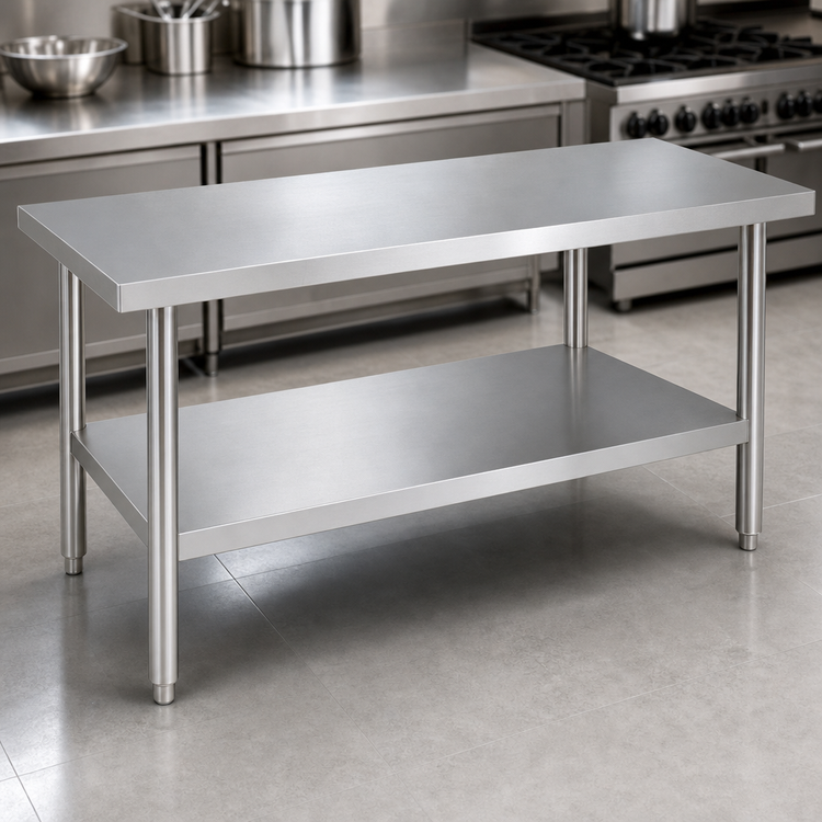 Product image #4 for Heavy-Duty 84-Inch x 30-Inch 18/430 Stainless Steel Flat Top Work Table with Galvanized Legs and Adjustable Undershelf