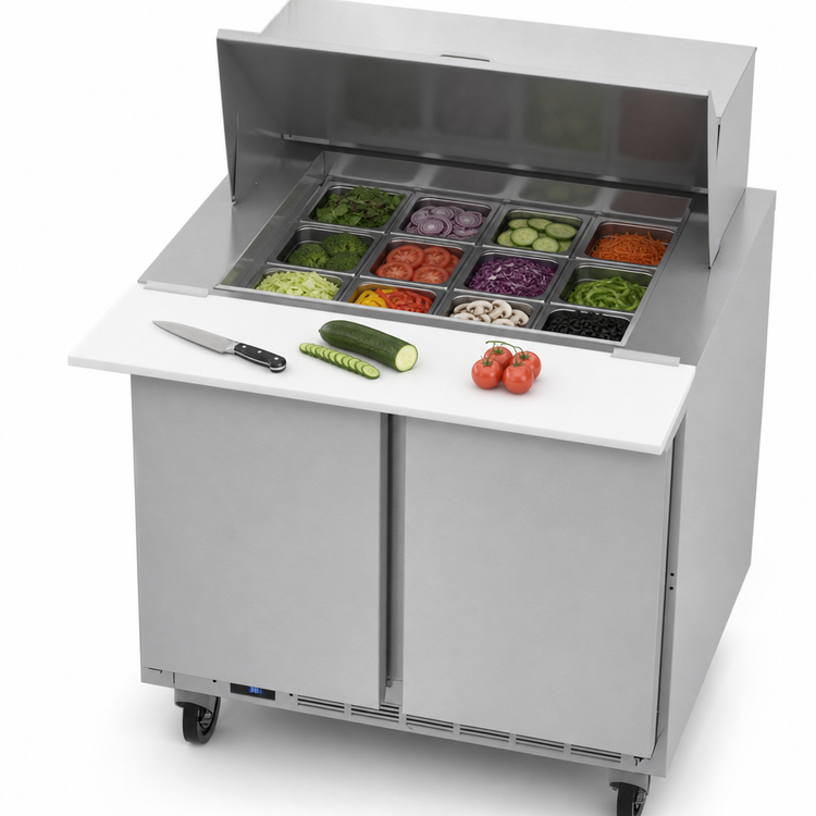 Product image #5 for Beverage Air Two-Section Mega Top Refrigerated Prep Table, 36-Inch Wide, 12-Pan Top