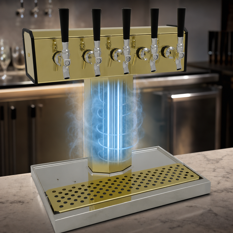 Product image #4 for Glastender 5-Faucet Countertop Tee Draft Dispensing Tower, Glycol-Cooled, Polished Brass Finish