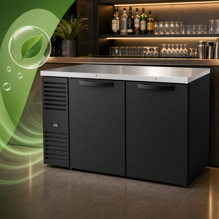 Product image #4 for True 60-Inch Two-Section Refrigerated Back Bar Cooler with Self-Contained Side-Mounted Refrigeration, Stainless Steel Top, and Black Exterior