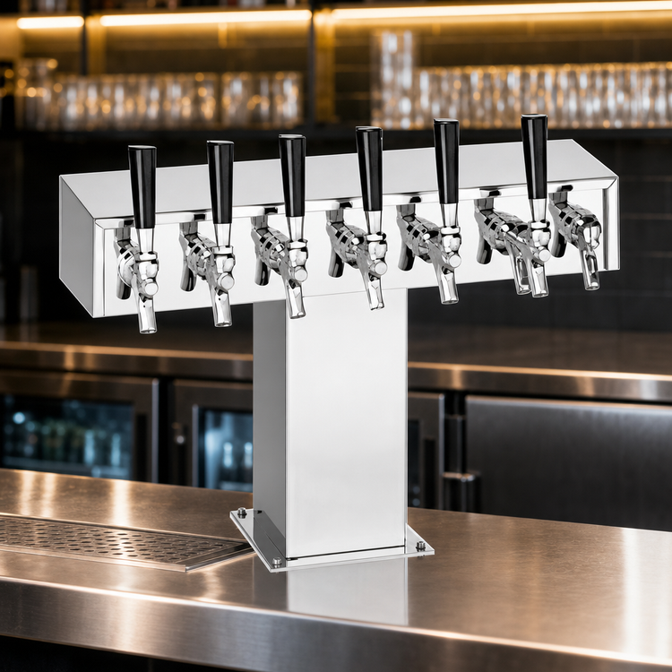 Product image #4 for Wide Base Tee Draft Beer Tower, Countertop, Glycol-Cooled, 10 Faucets, Polished Chrome